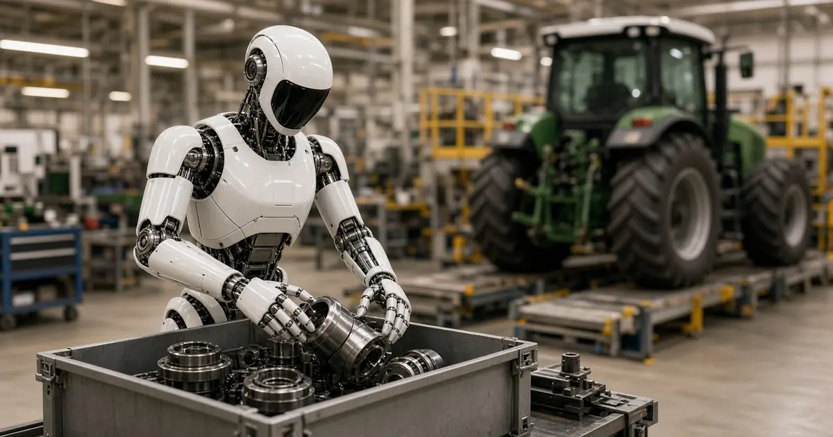 A humanoid robot stacking metal machine parts beside a large green tractor on a factory floor (AI-generated image)