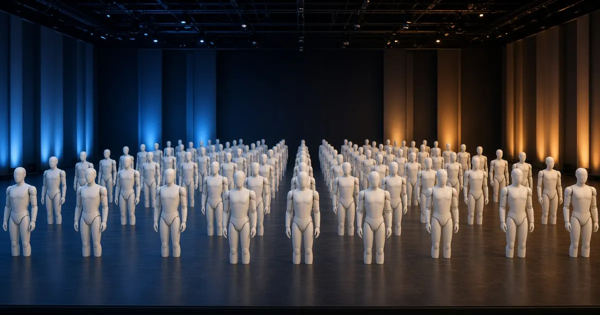Rows of identical white humanoid robots standing in formation on a large stage under coloured lights (AI-generated image)