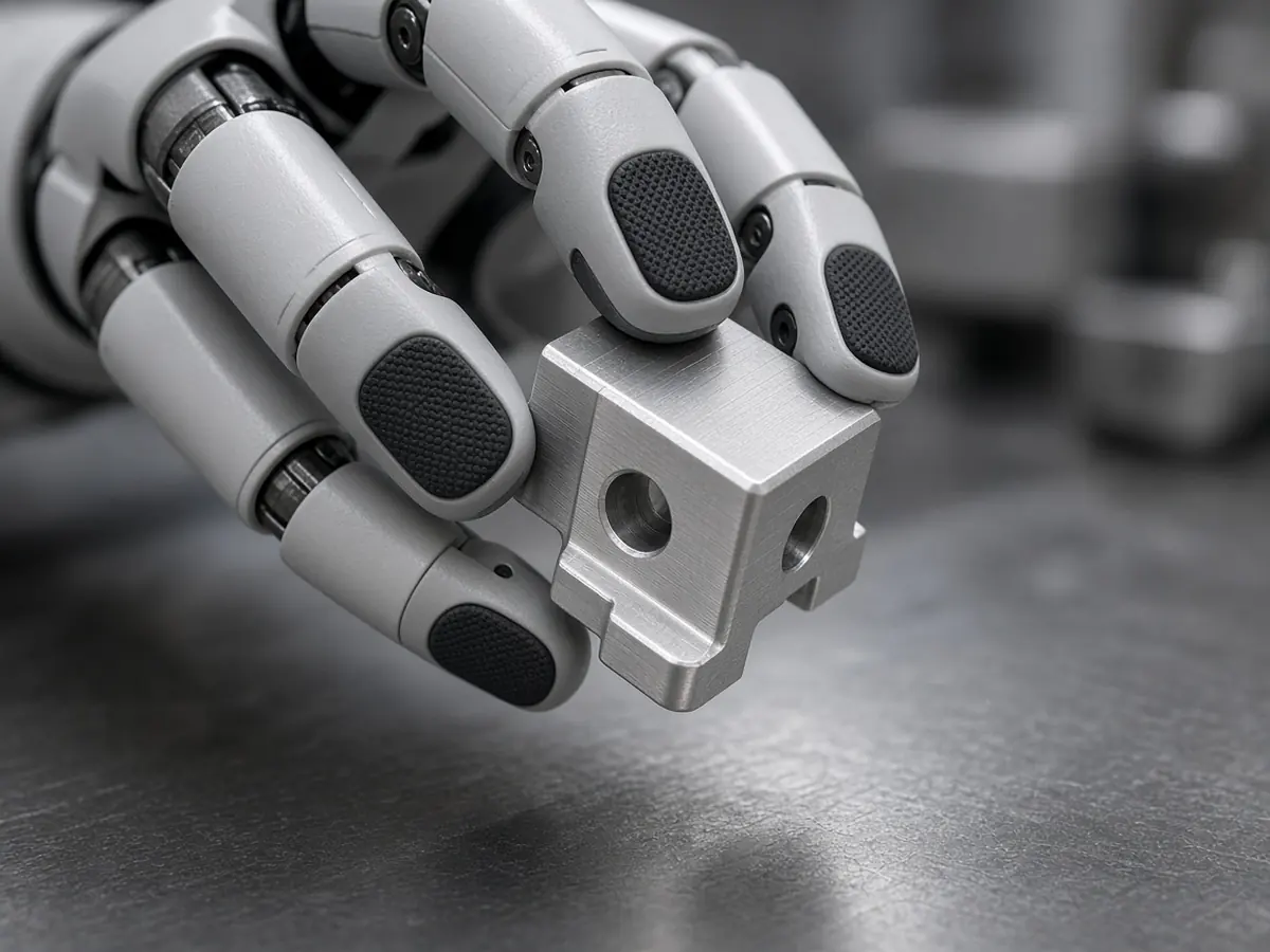 Close-up of a generic multi-fingered robot hand with small tactile pads gently holding a plain metal machine part (AI-generated image)