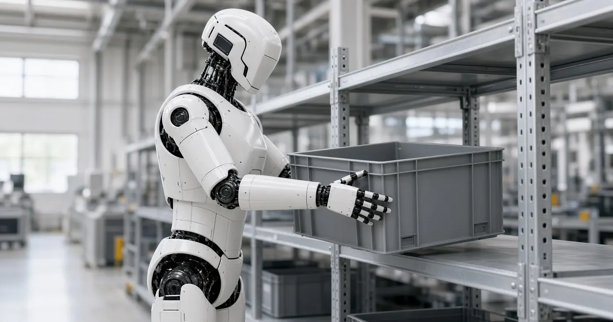 A generic white industrial humanoid robot with two-finger grippers lifting a plain grey plastic tote from a low shelf in a clean, brightly lit factory hall (AI-generated image)