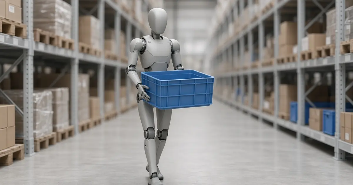 A grey bipedal humanoid robot carrying a plastic tote through a bright warehouse aisle (AI-generated image)