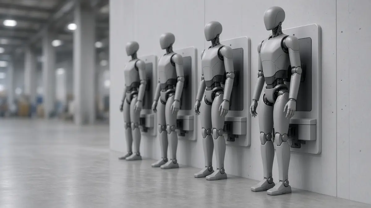 A row of identical generic humanoid robots standing at charging stations along the wall of a quiet logistics hall (AI-generated image)