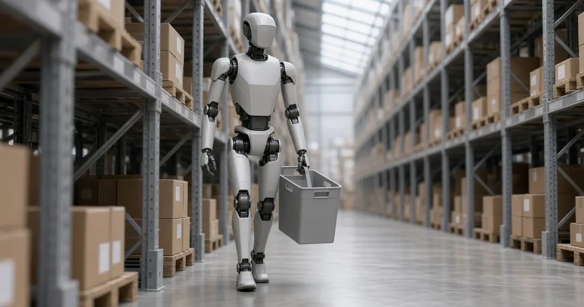 A generic two-legged humanoid robot carrying a plain grey tote through a bright modern warehouse with tall shelving (AI-generated image)