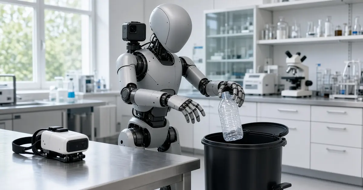 A small grey humanoid robot placing a plastic bottle into a pedal bin in a bright research lab (AI-generated image)