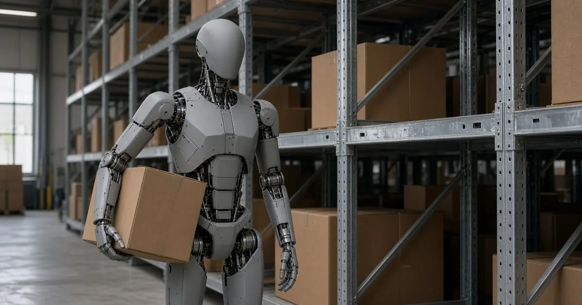 A slim grey humanoid robot holding a plain cardboard box tucked under one arm beside warehouse shelving (AI-generated image)