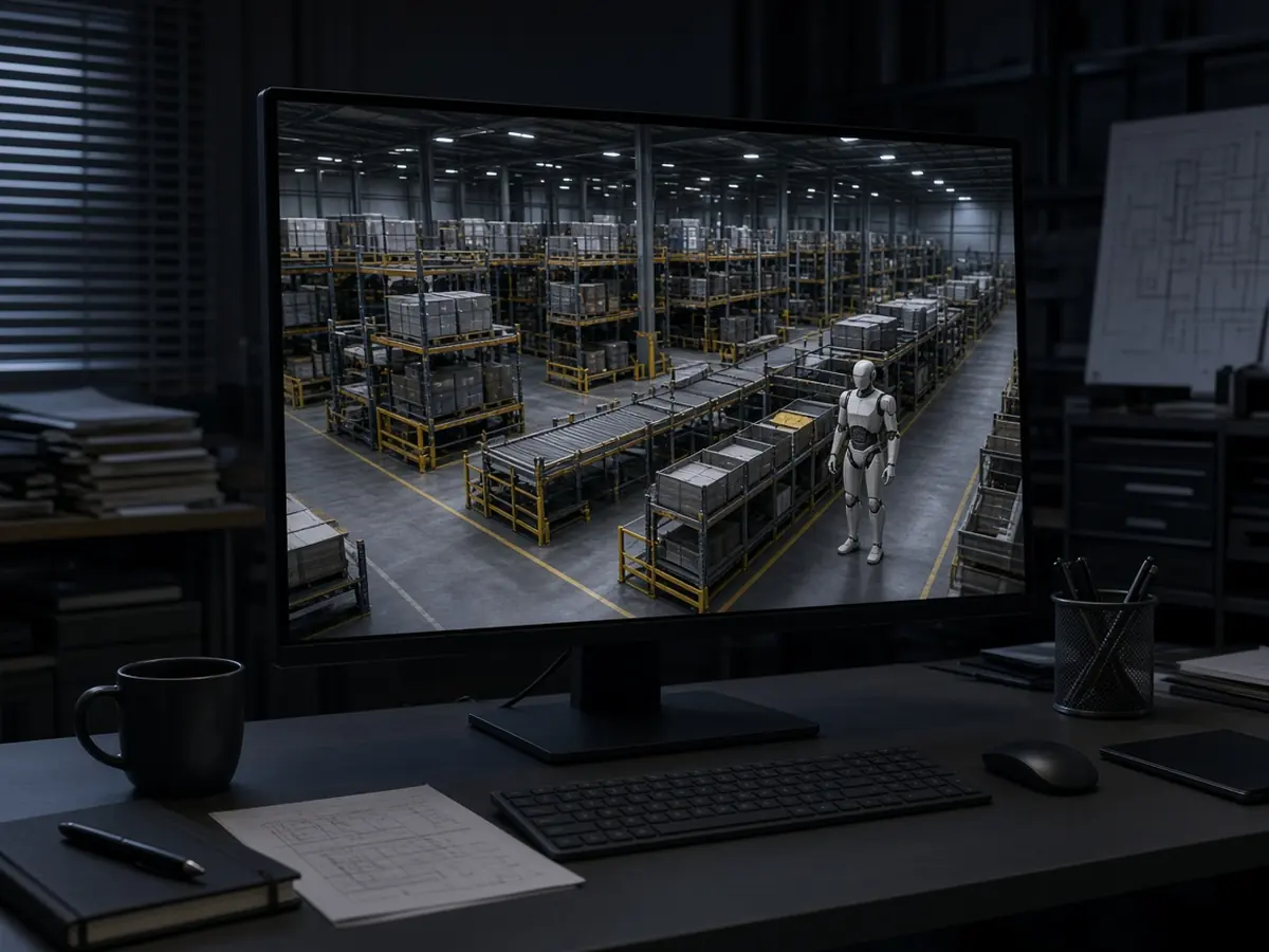 A wide monitor showing a 3D digital twin of a factory logistics area with a generic humanoid robot model (AI-generated image)