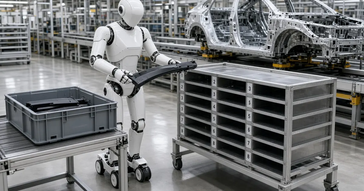 A generic wheeled humanoid robot placing a car part into a sequencing rack beside an automotive assembly line (AI-generated image)