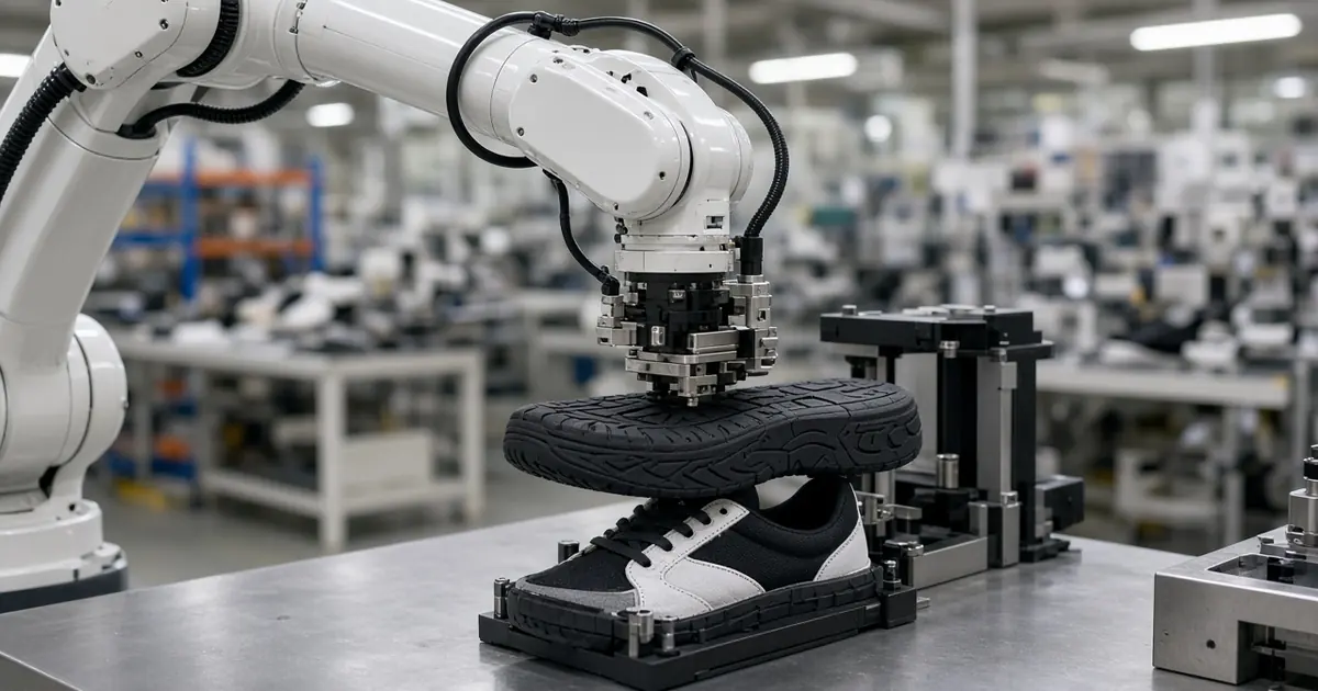 A white robotic arm pressing a rubber shoe sole onto an upper at a tidy footwear factory workstation (AI-generated image)