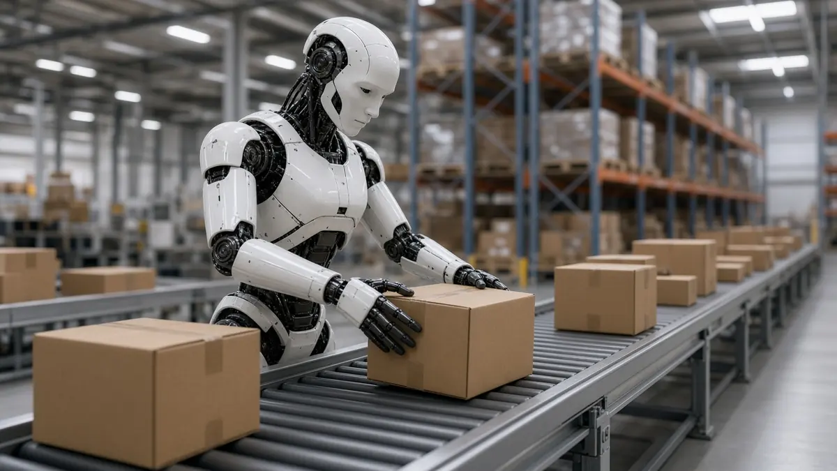A humanoid robot sorting parcels at a logistics sorting line in a large warehouse