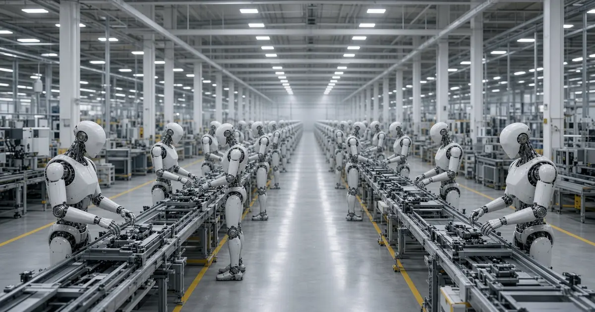 A long modern factory hall with many humanoid robots working along parallel production lines (AI-generated image)