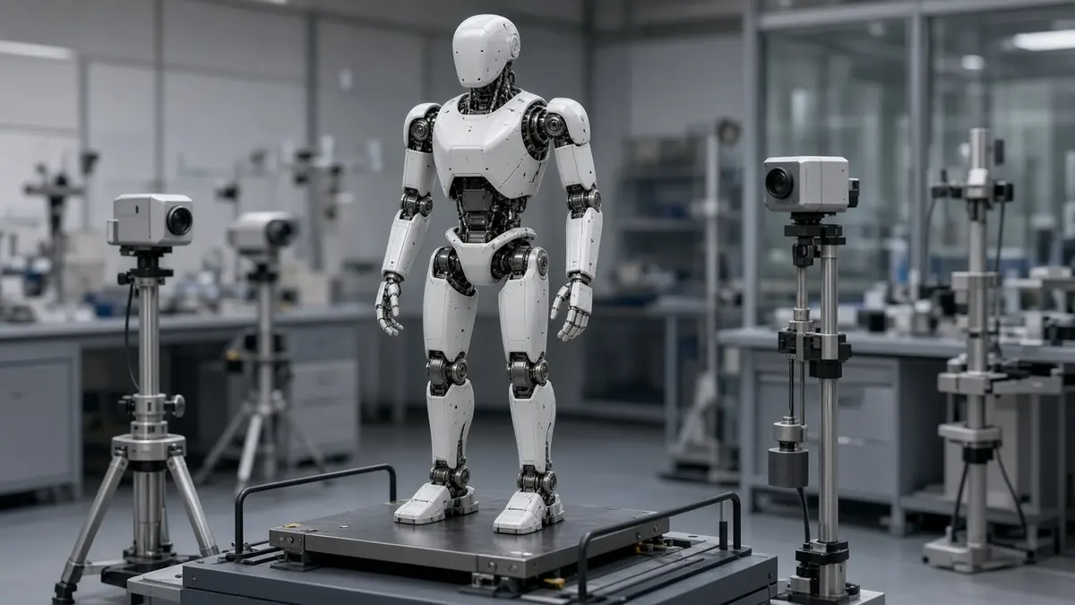 A humanoid robot standing on a test platform in a laboratory surrounded by sensors and measuring equipment