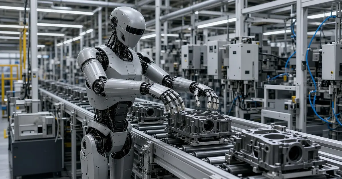 A grey humanoid robot handling metal engine parts on a conveyor in a modern factory (AI-generated image)