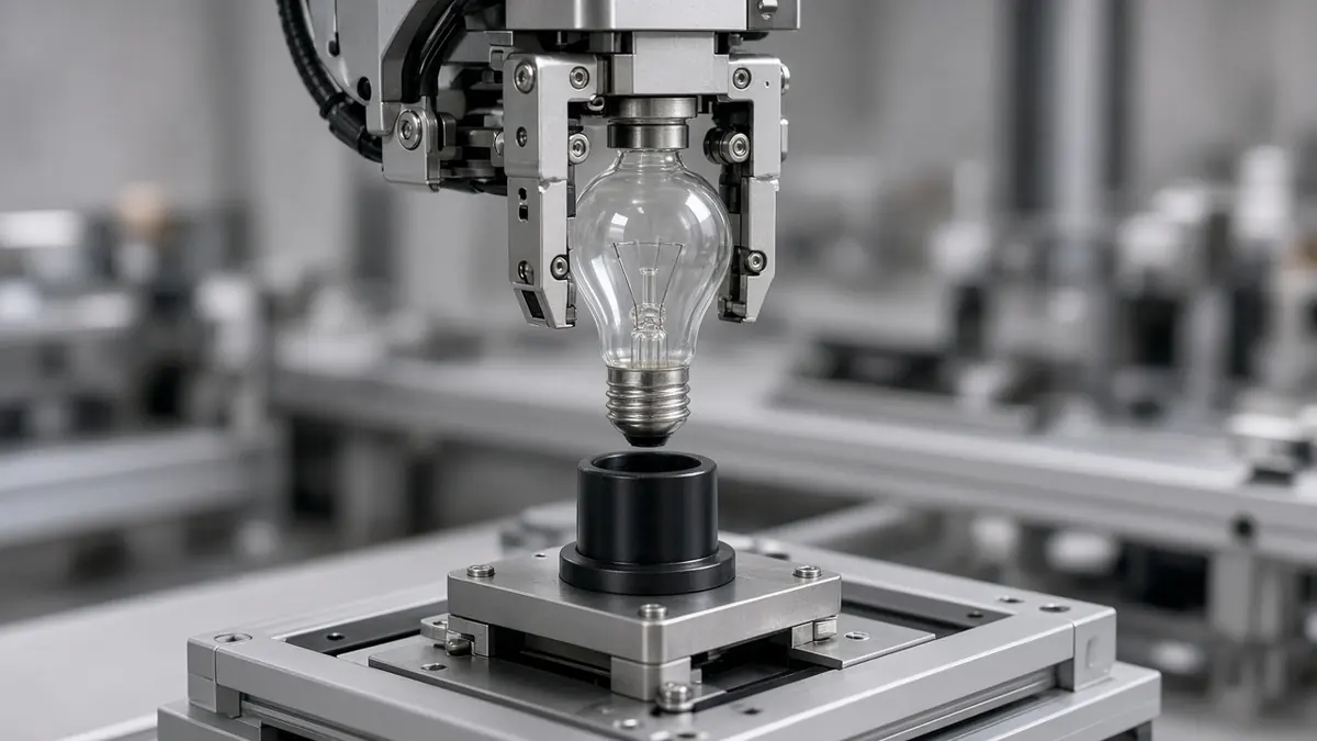 A robotic gripper holding a light bulb up to a socket on a test bench