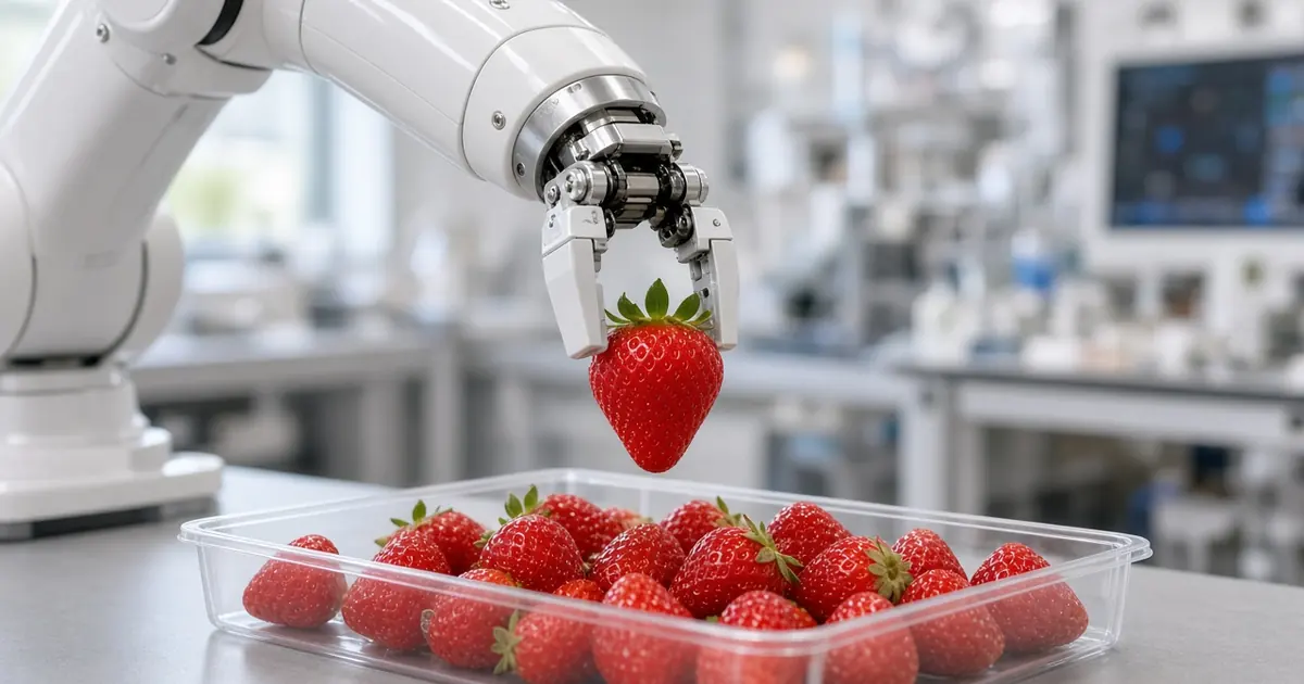 A robotic arm with a two-finger gripper gently picking a strawberry from a tray in a lab (AI-generated image)