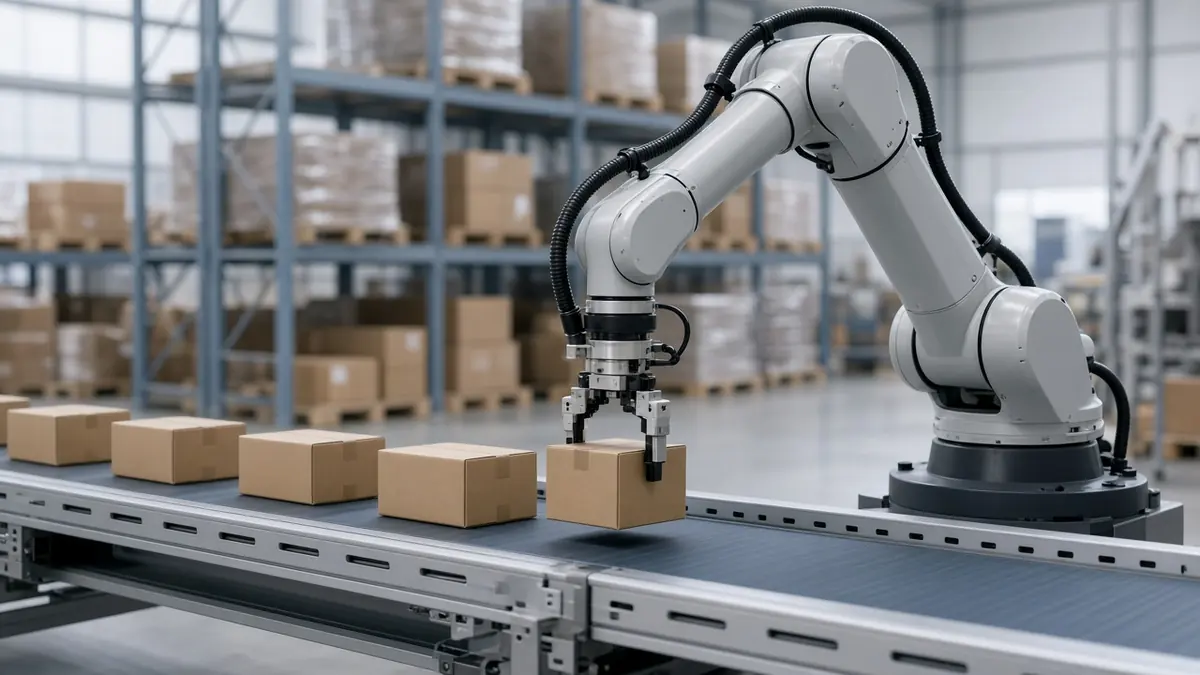 A robot arm placing small boxes onto a moving conveyor belt in a bright warehouse