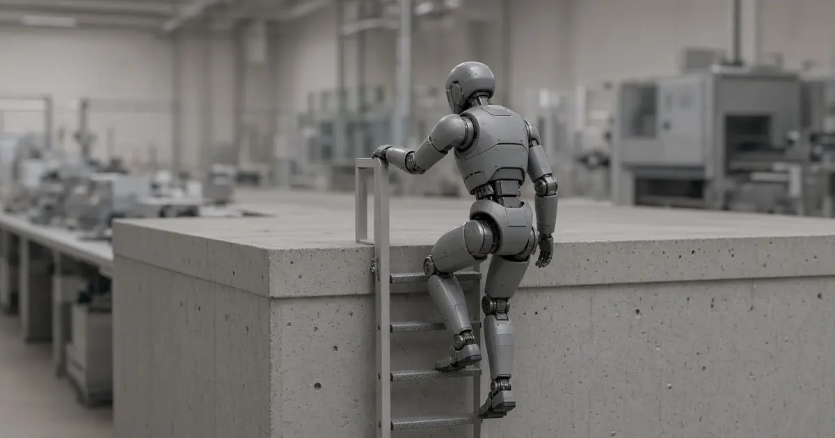 A compact grey humanoid robot climbing a short metal ladder onto a concrete platform in an empty research lab (AI-generated image)