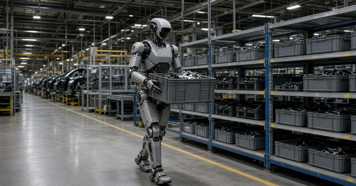 A grey bipedal humanoid robot carrying a parts tote past shelving in a car factory logistics area (AI-generated image)