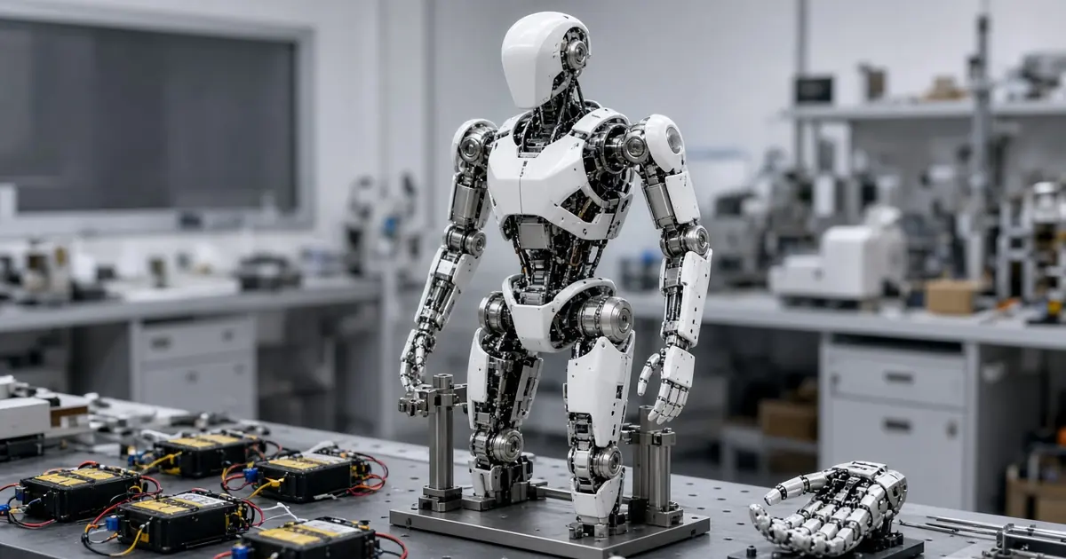 A partly assembled white humanoid robot on a test stand in a clean engineering lab with battery packs on a bench (AI-generated image)