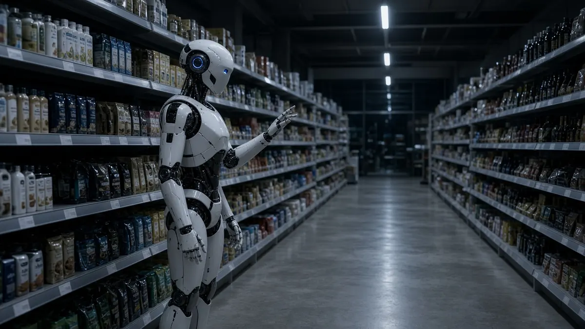 A white humanoid robot scanning shelves of packaged goods in an empty supermarket aisle at night