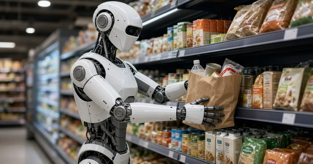 A white humanoid robot restocking a supermarket shelf and holding a paper grocery bag (AI-generated image)
