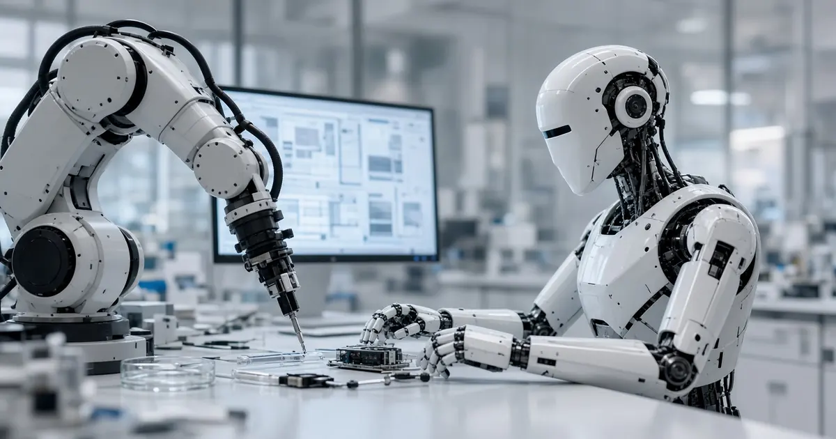 An industrial robot arm and a generic white humanoid robot working side by side at a lab bench, a monitor glowing behind them (AI-generated image)