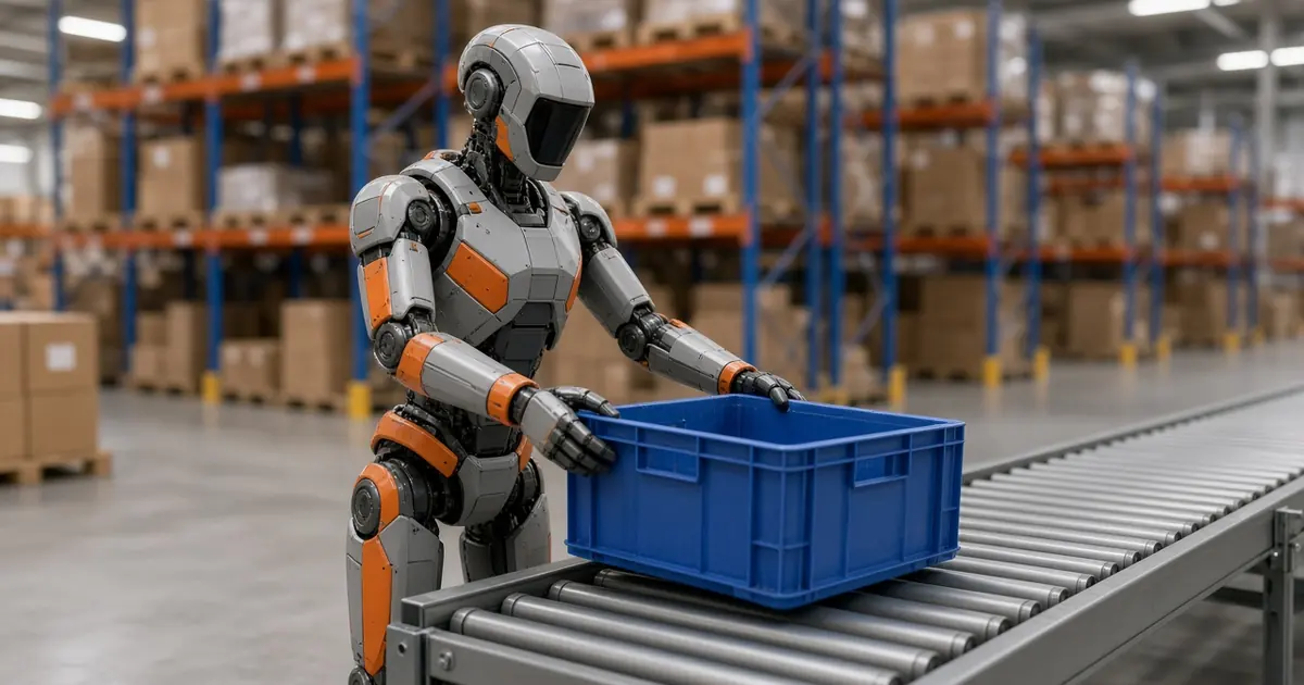 A bipedal humanoid robot placing a plastic tote onto a conveyor in a large, brightly lit fulfilment warehouse (AI-generated image)