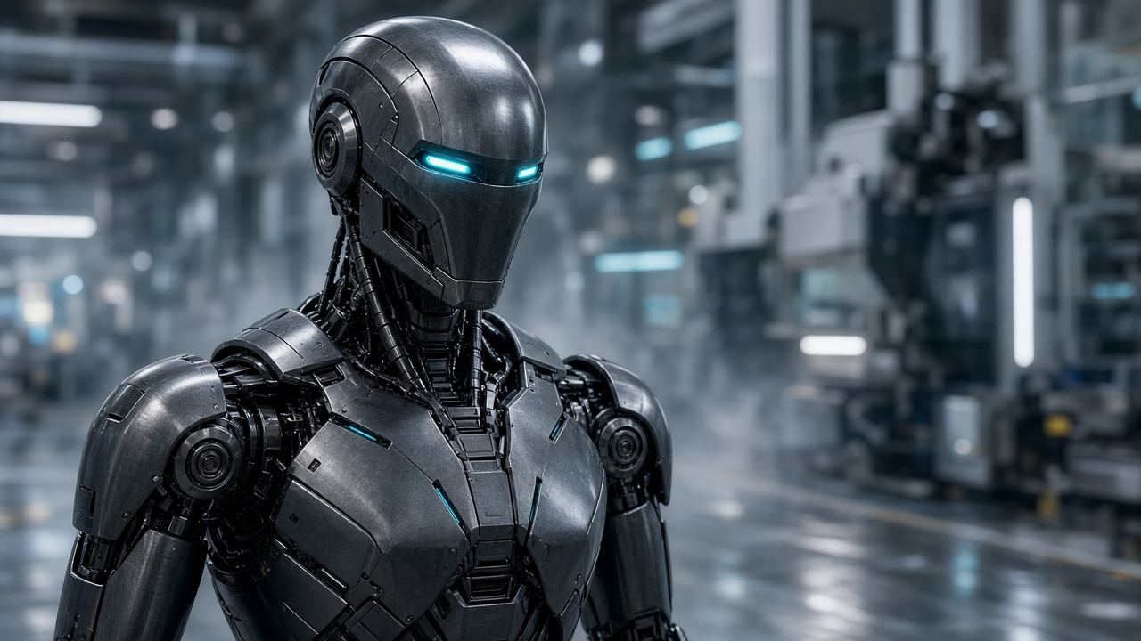 Dark metallic humanoid robot with glowing cyan eyes in a factory (AI-generated image)