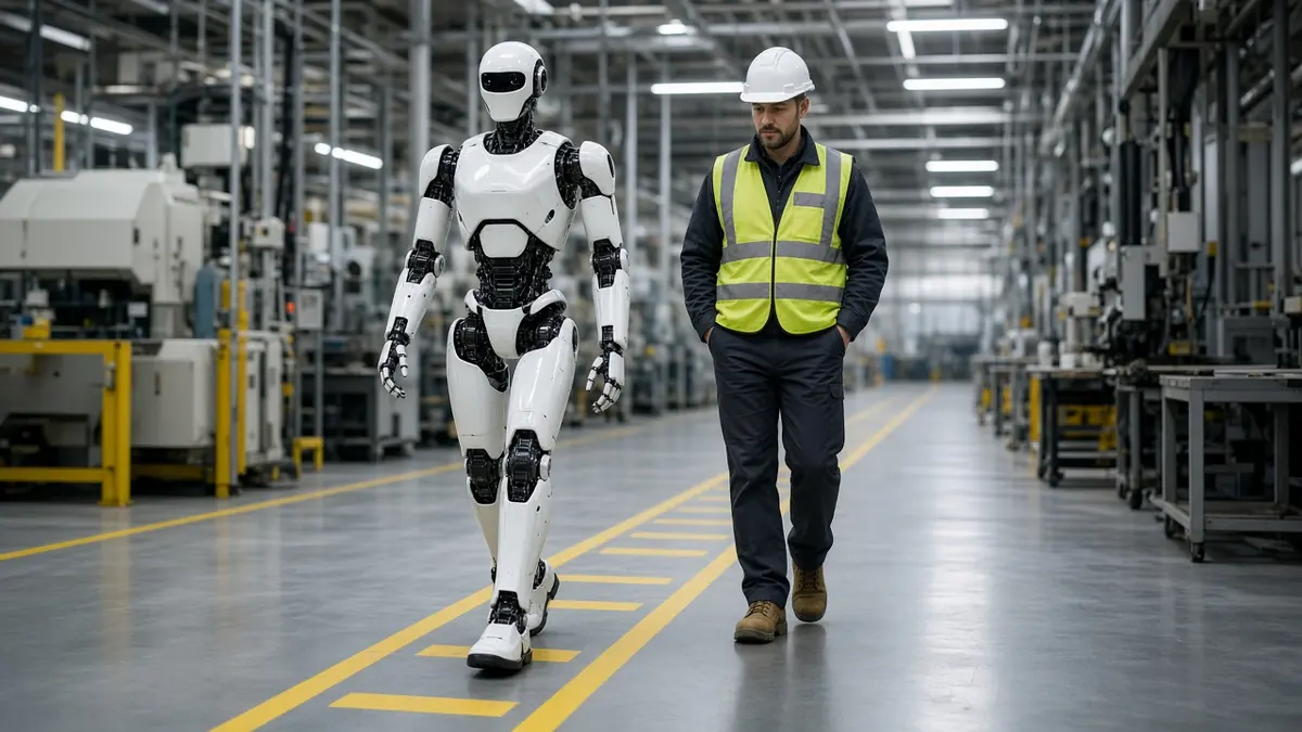 A humanoid robot walking along a marked safety lane next to a worker in a hard hat on a factory floor