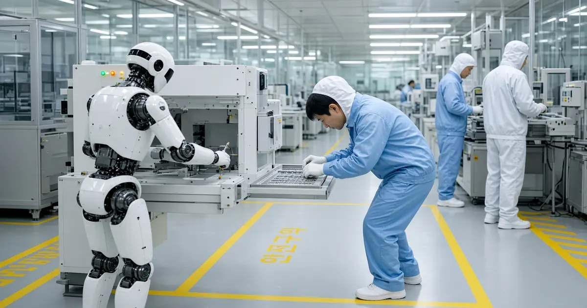 A white humanoid robot working at a machine in a clean factory next to a worker in a blue cleanroom suit, with yellow floor safety markings