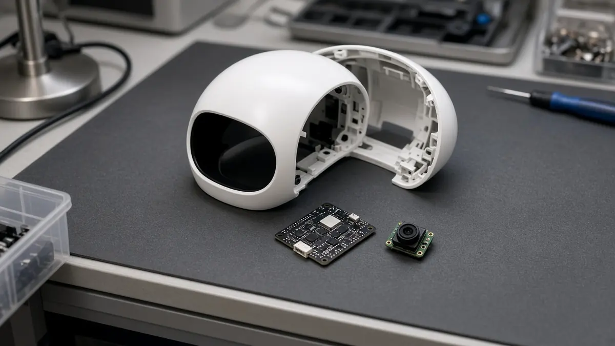 A technician's workbench with an open robot head shell, a small circuit board and a camera module laid out neatly (AI-generated image)