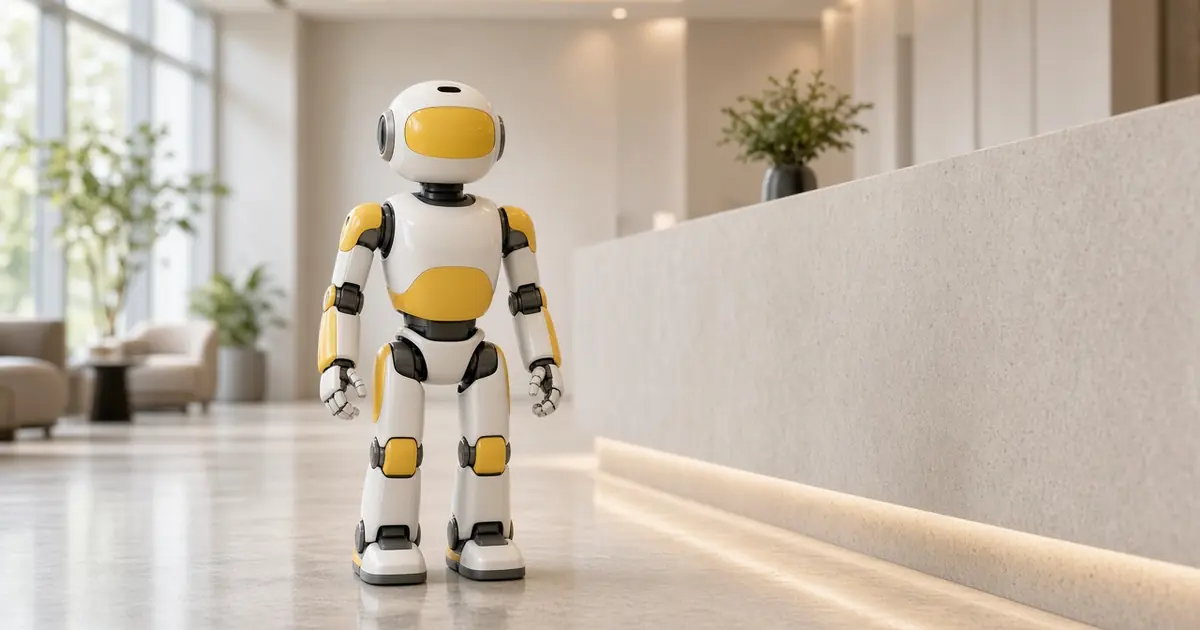 A generic friendly yellow and white service humanoid robot standing in a bright, empty hotel lobby (AI-generated image)