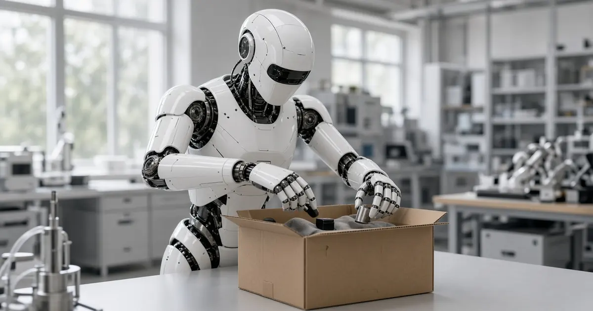 A generic white humanoid robot packing small items into a cardboard box on a table in a bright robotics lab (AI-generated image)