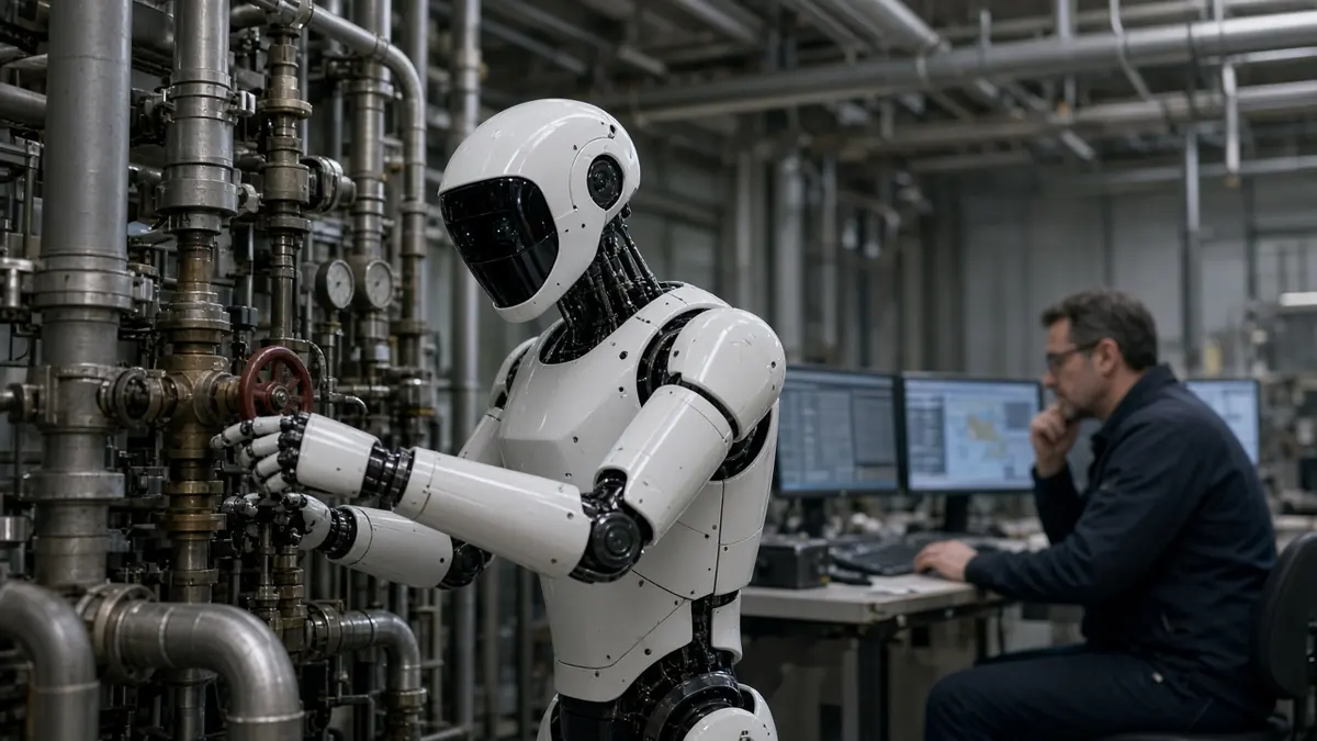 A humanoid robot inspecting pipes and valves in an industrial plant while a specialist works at a remote control station