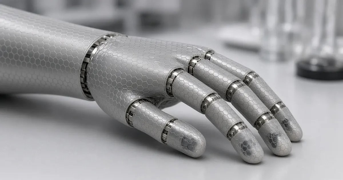 Close-up of a grey robotic hand and forearm covered in a thin, flexible sensor skin with a fine grid pattern, on a lab bench (AI-generated image)