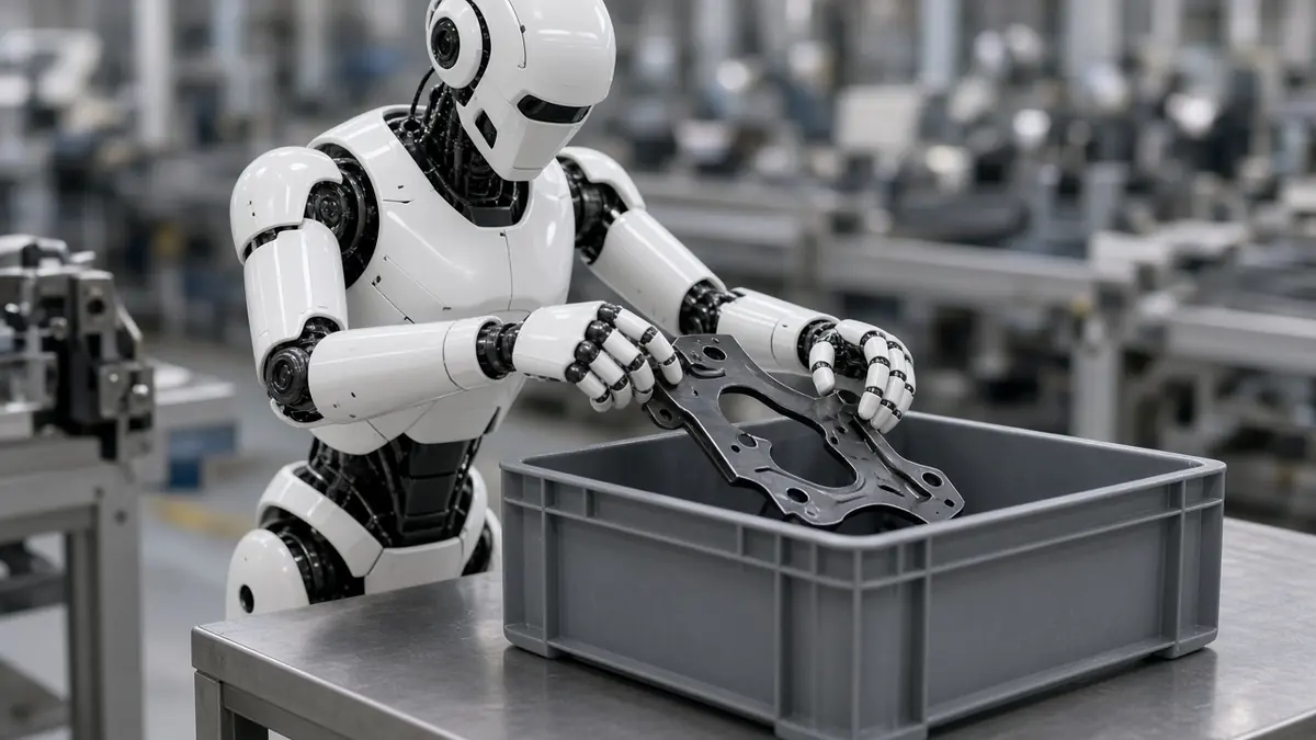 A generic white humanoid robot placing a dark metal part into a grey bin