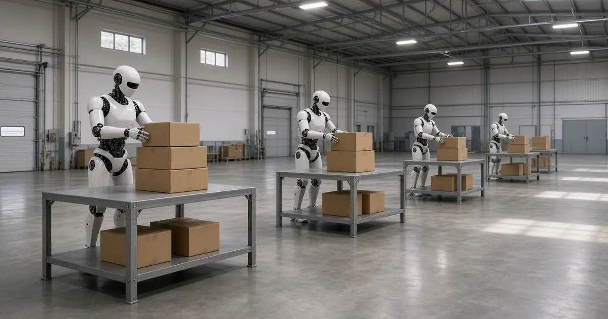 Several identical generic humanoid robots stacking boxes at separate tables in a large training hall (AI-generated image)