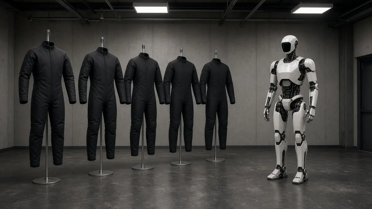 Plain black motion-capture suits on stands beside a generic humanoid robot in an empty room