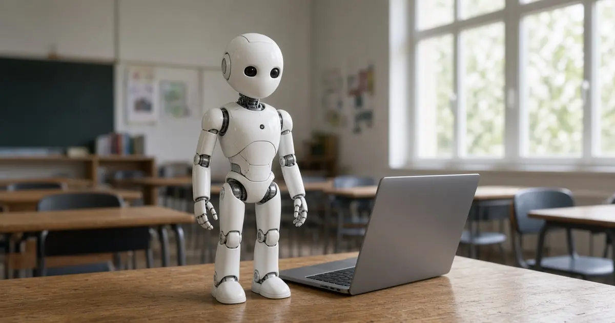 A small, child-height white humanoid robot standing on a classroom table next to a laptop (AI-generated image)