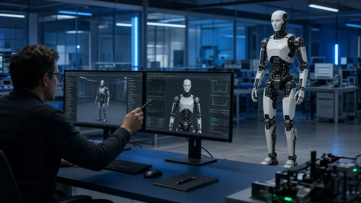 A humanoid robot in a robotics lab beside an engineer at a workstation showing a robot simulation