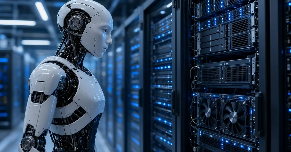 A humanoid robot in profile beside racks of servers with blue indicator lights in a data centre
