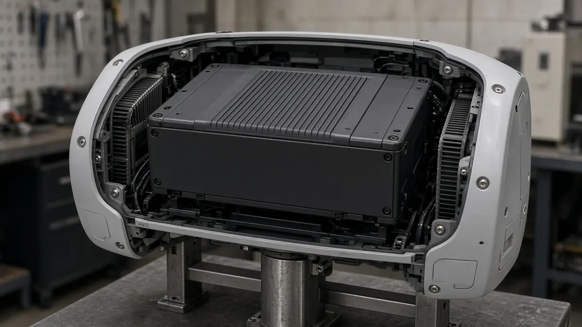 A plain rectangular battery pack inside the open back of a generic humanoid torso