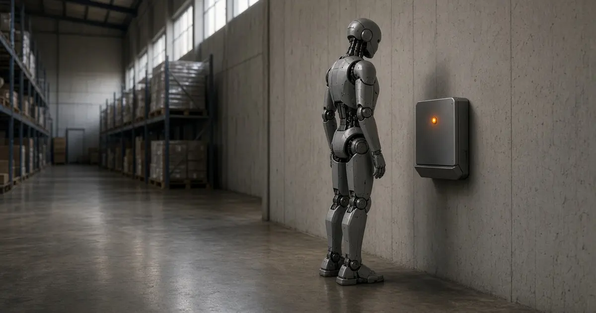 A generic grey humanoid robot standing beside a plain wall-mounted charging box in a warehouse aisle (AI-generated image)