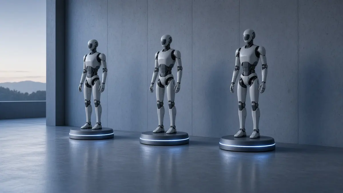 Three identical generic humanoid robots standing on round charging pads in an empty hall