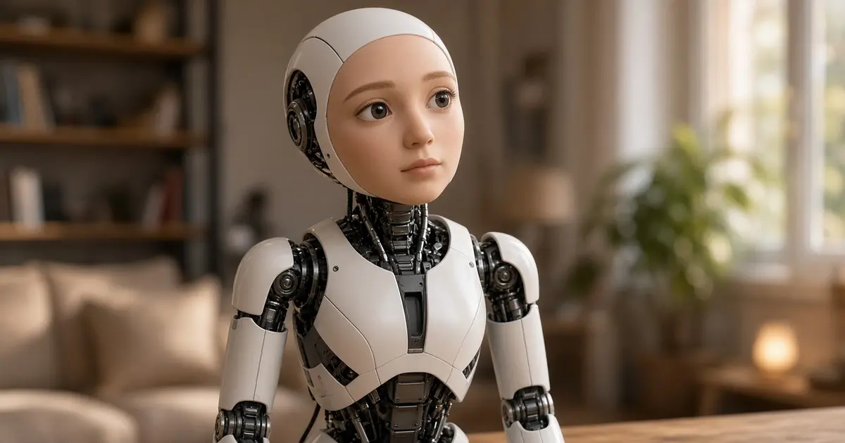 A white companion robot with a lifelike face seated at a wooden desk in a softly lit living room (AI-generated image)