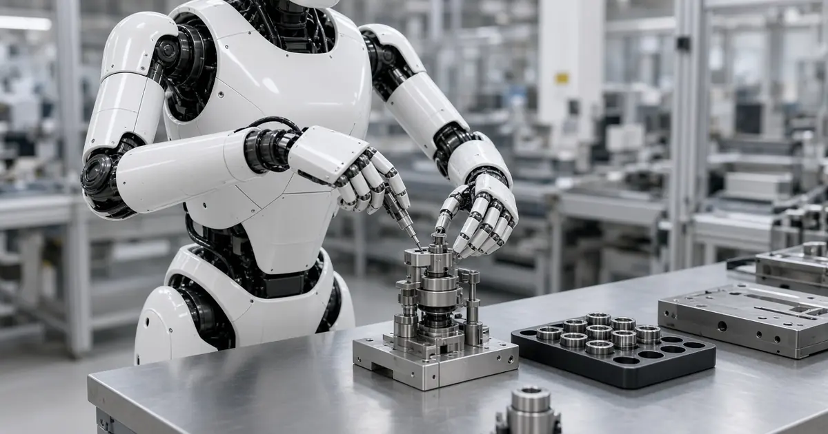 A wheeled humanoid robot with two slim white robotic arms assembling small metal actuator parts on a clean factory workbench (AI-generated image)