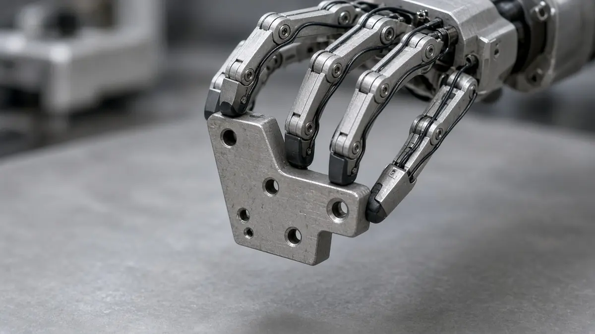Close view of a metallic robotic hand with tendon cables holding a plain metal bracket