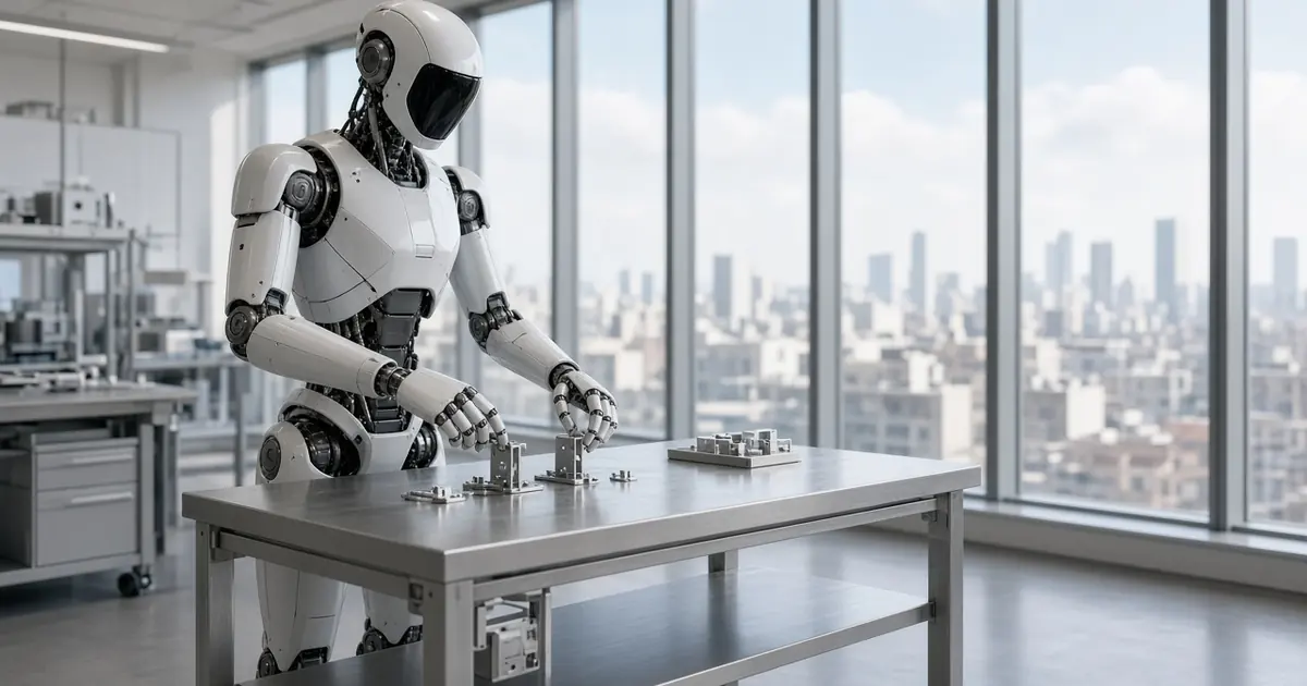 A generic white humanoid robot standing at a metal workbench in a bright laboratory with city windows (AI-generated image)