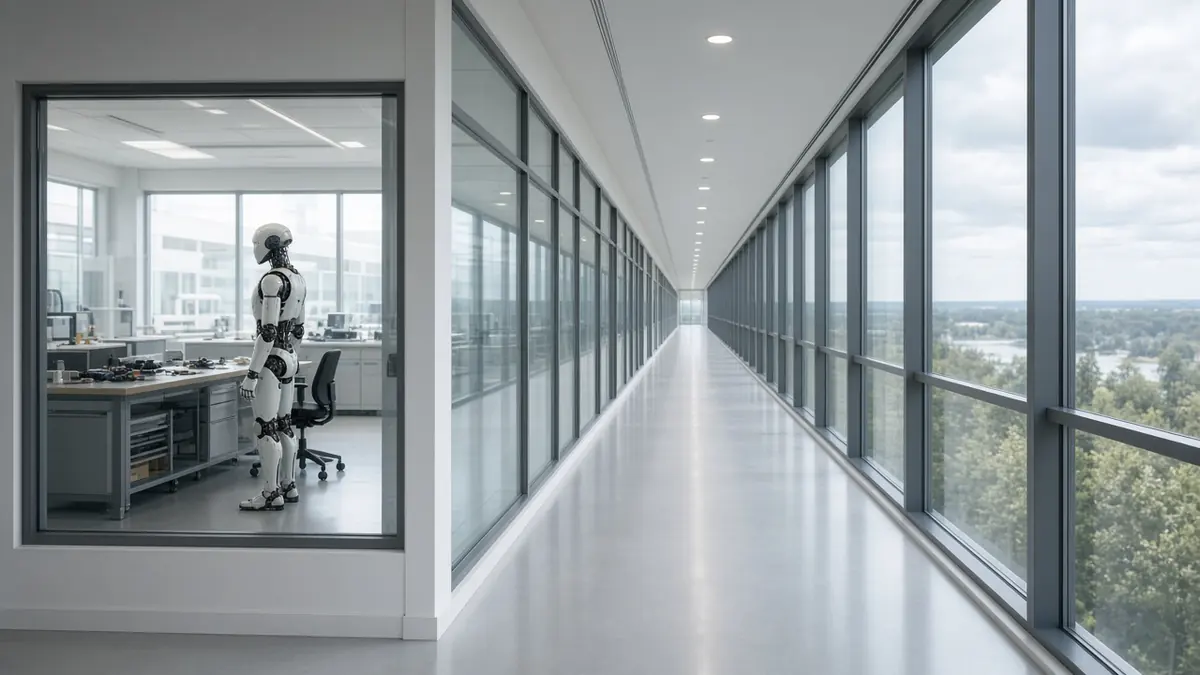 A generic humanoid robot standing inside a glass-walled lab beside an empty office corridor