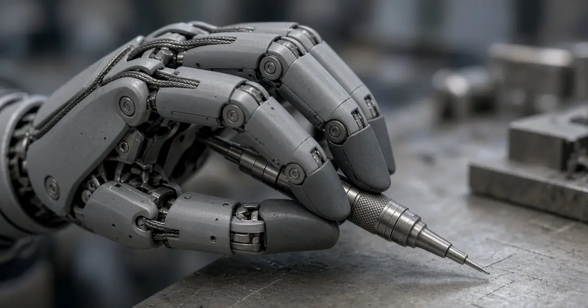 Close-up of a grey five-fingered robotic hand with tendon cables along its fingers gripping a small metal tool on a workbench (AI-generated image)