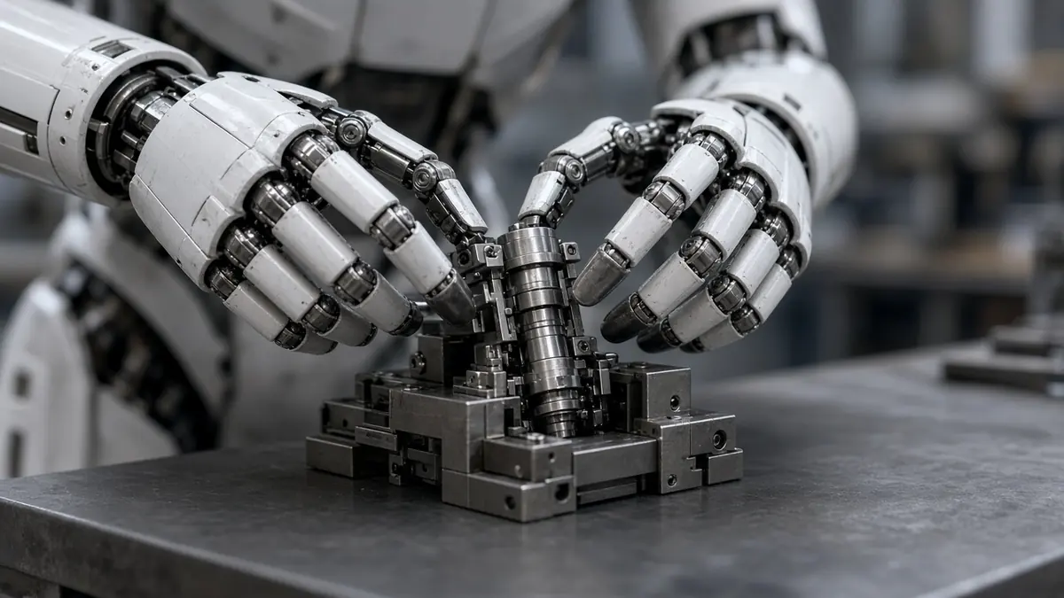 A humanoid robot's hands placing a metal actuator component into a fixture at an assembly station